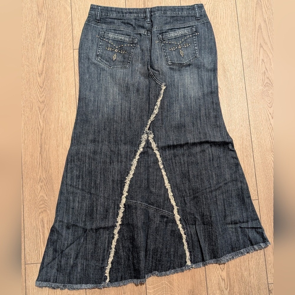 Candies Vintage Asymmetrical Denim Skirt 9 Pink Satin Bow Mermaid Jean Fray Y2K - Picture 5 of 5